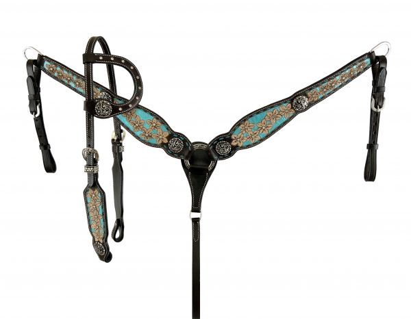 Tooled Floral Blue Glitter Inlay Headstall Set 