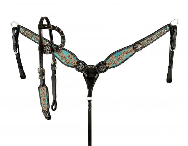 Tooled Floral Blue Glitter Inlay Headstall Set headstall set Shiloh   