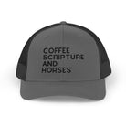 Embroidered Coffee Scripture and Horses Trucker Hat [23 Colors] Embroidered TCC Hat The Cinchy Cowgirl - Print Charcoal / Black