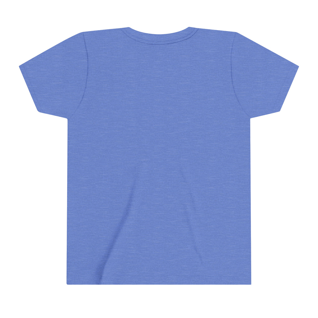 Blue youth short sleeve tee backside. 