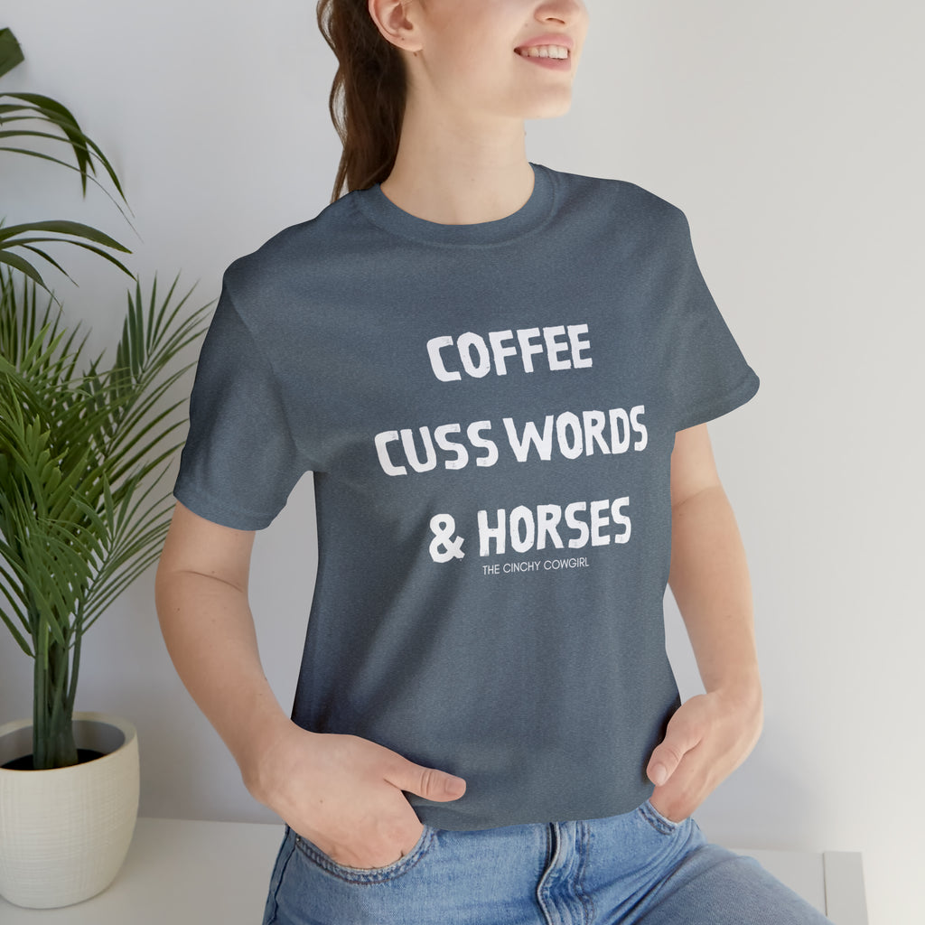 Coffee, Cuss Words, & Horses Short Sleeve Tee tcc graphic tee Printify Heather Slate XS 
