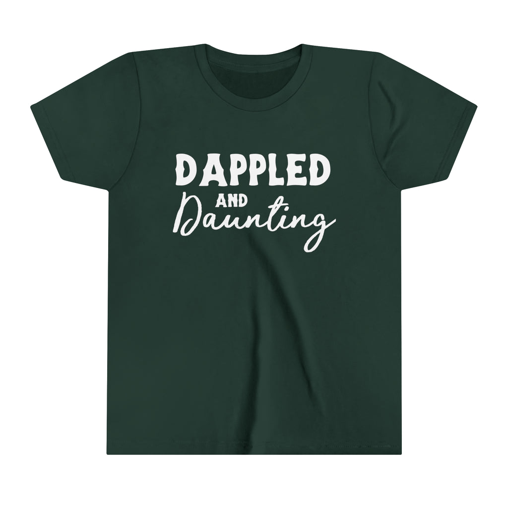 Forest youth short sleeve with white lettering reading "Dappled and Daunting". 