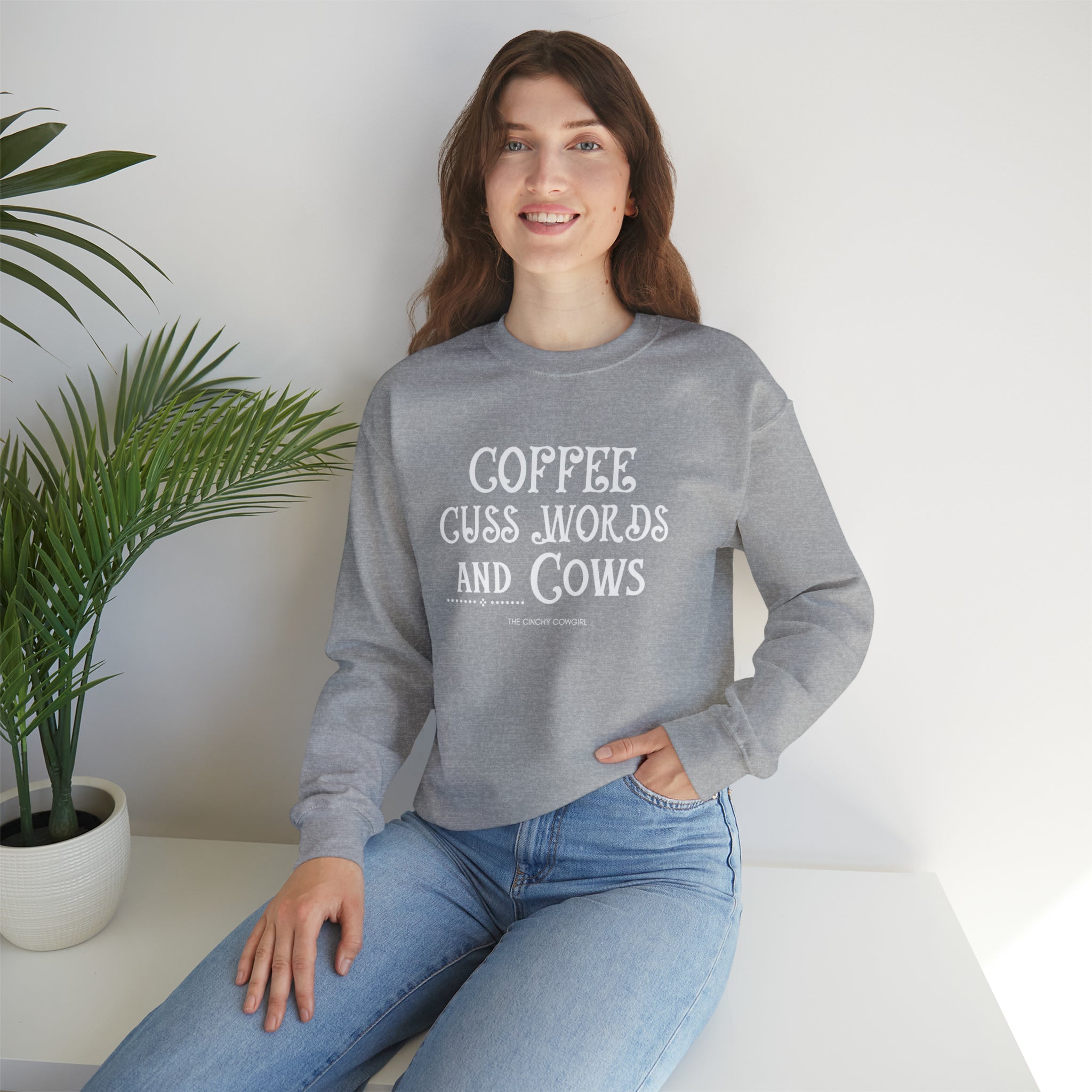Coffee Cuss Words & Cows Crewneck Sweatshirt Sweatshirt Printify   
