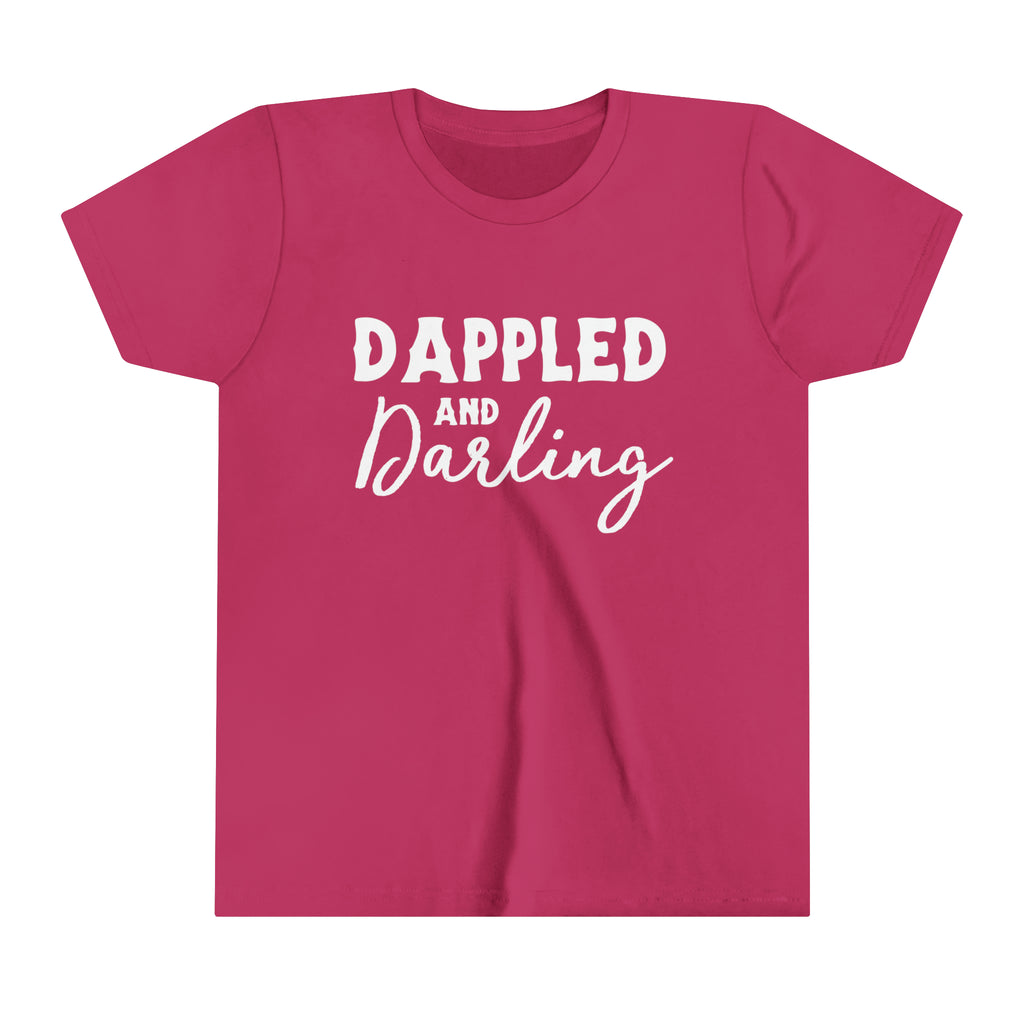 Berry youth short sleeve with white lettering reading "Dappled and Darling". 
