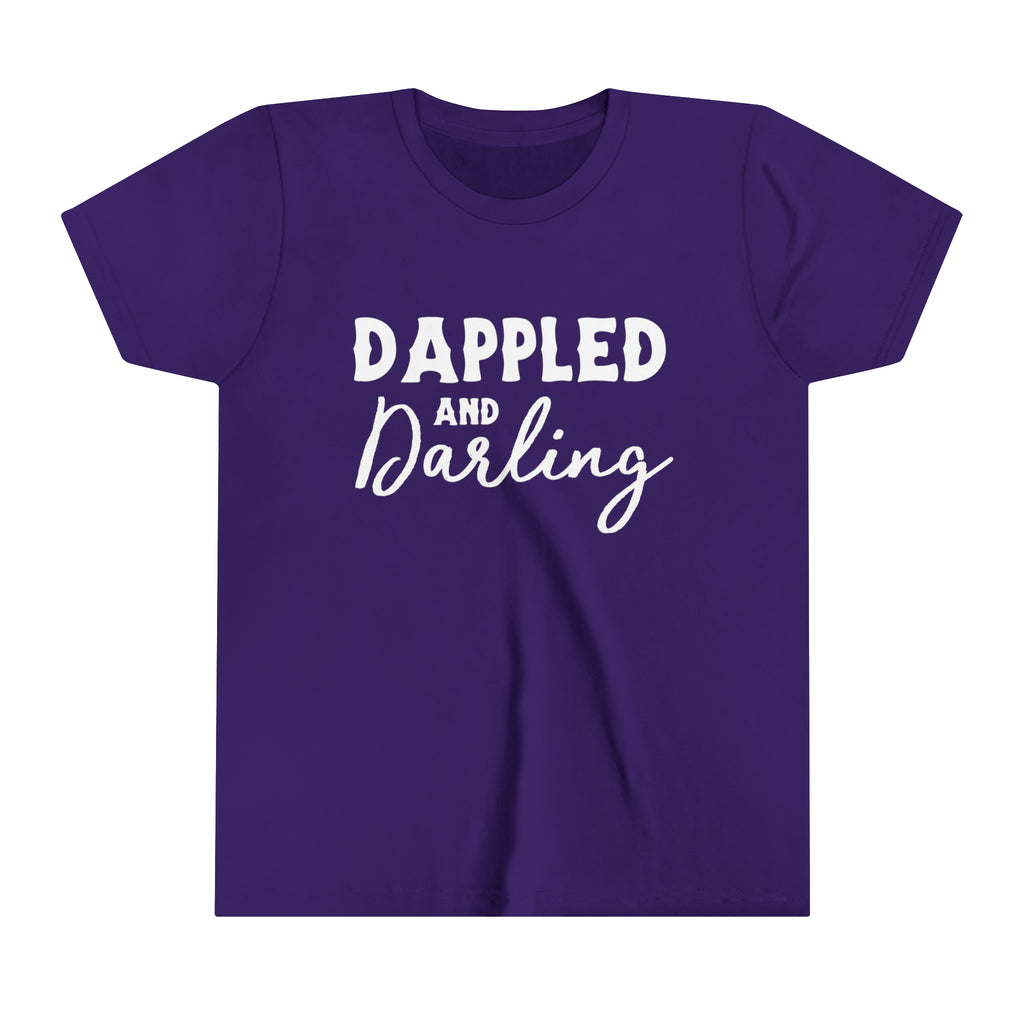 Purple youth short sleeve with white lettering reading "Dappled and Darling". 
