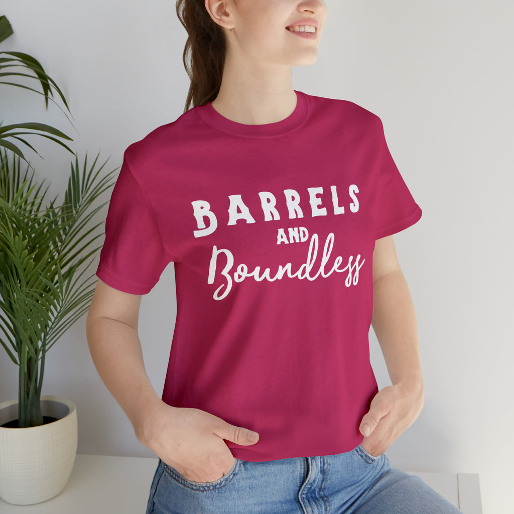 Berry short sleeve with white lettering reading "Barrels and Boundless".