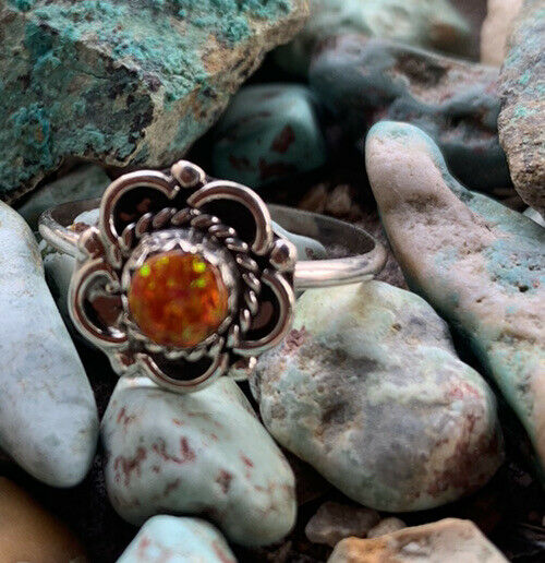Zuni Orange Opal Flower Ring NT jewelry Nizhoni Traders LLC   