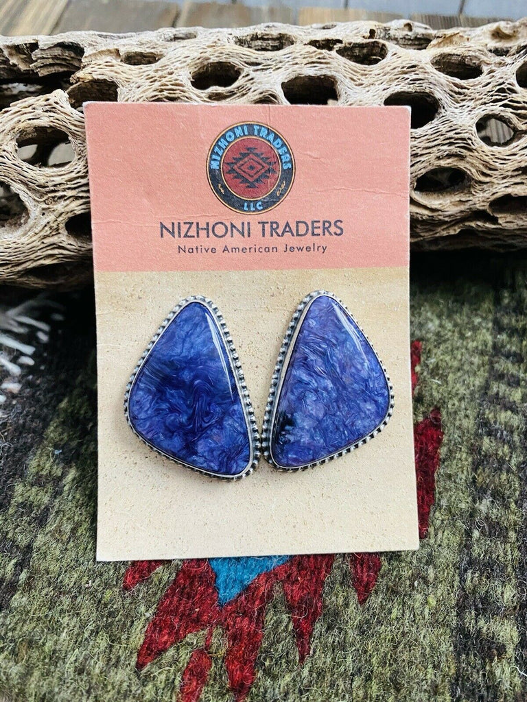 The Charoite Post Earrings Signed NT jewelry Nizhoni Traders LLC   