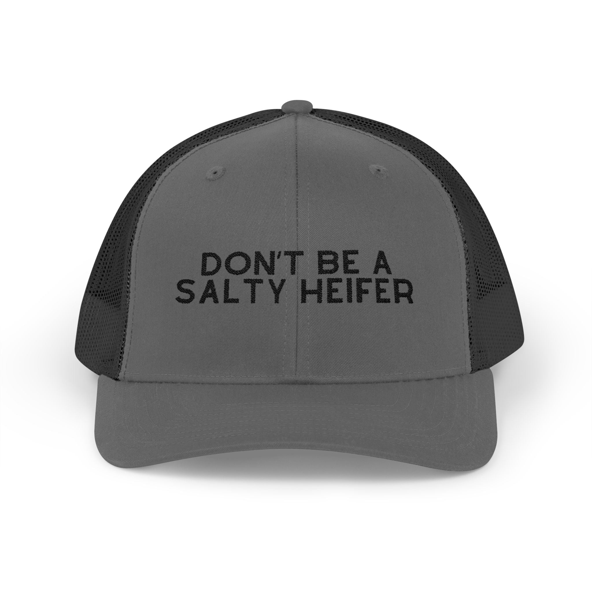 Embroidered Don't Be A Salty Heifer Trucker Hat Embroidered TCC Hat The Cinchy Cowgirl- Print Charcoal / Black