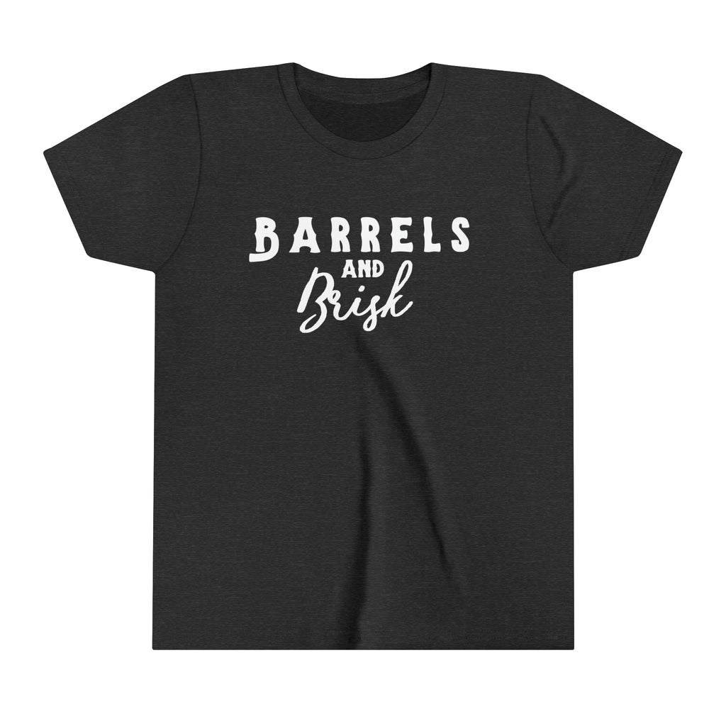 Dark grey youth short sleeve with white lettering reading "Barrels and Brisk".