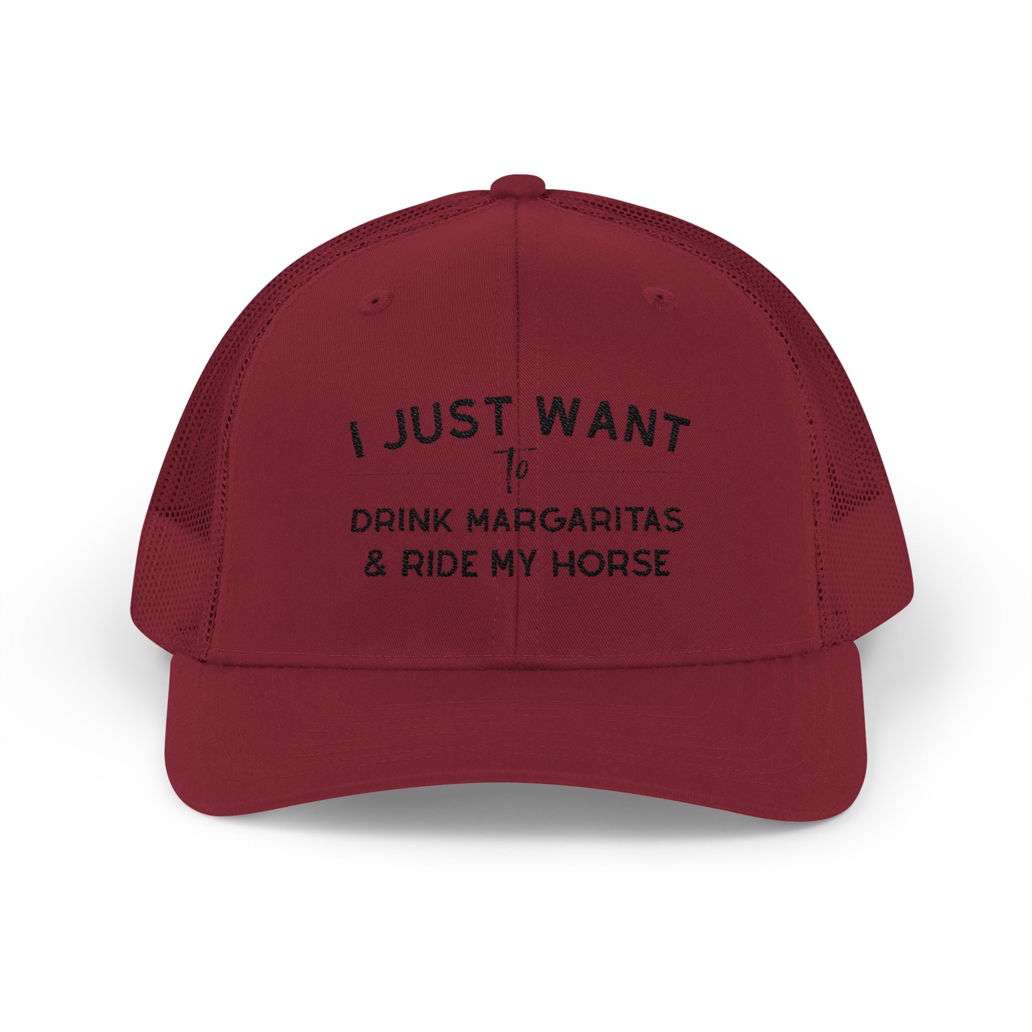 I Just Want To Drink Margaritas and Ride My Horse Trucker Hat Hats The Cinchy Cowgirl - Print Cranberry One size