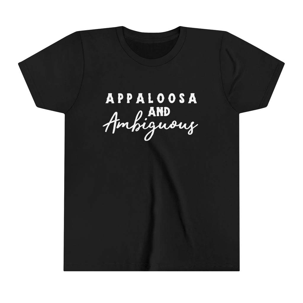 Western black youth short sleeve with white lettering that reads "Appaloosa & Ambiguous".