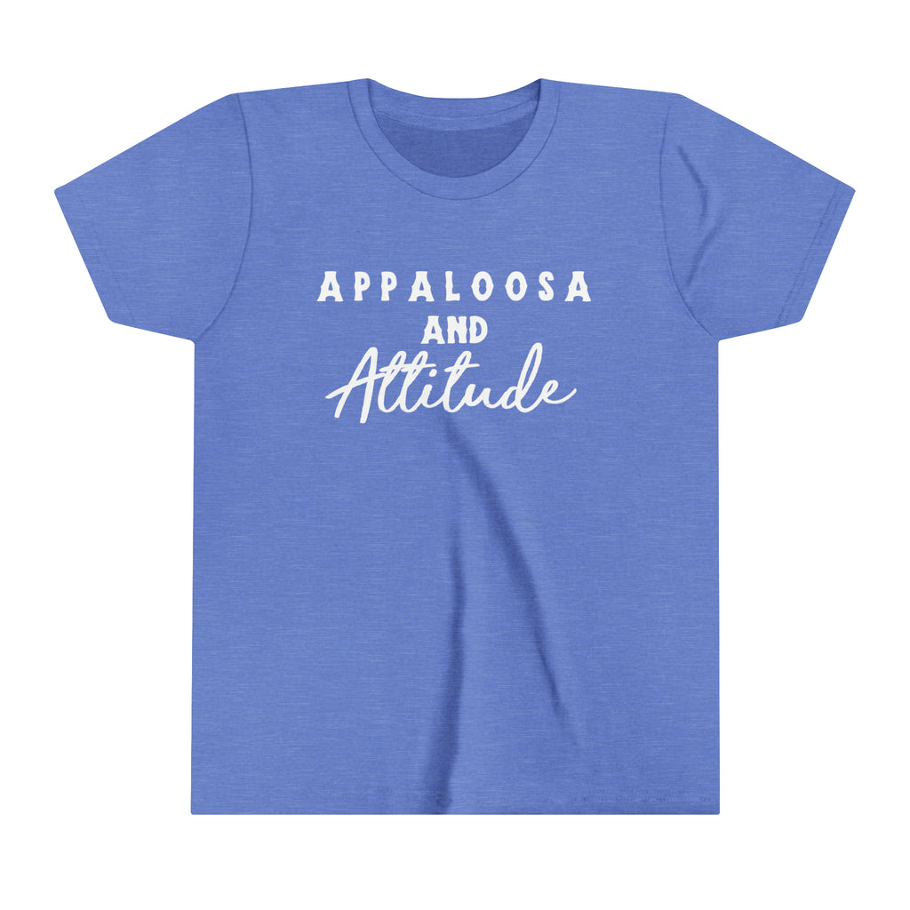 Western blue youth short sleeve with white lettering that reads "Appaloosa & Attitude".