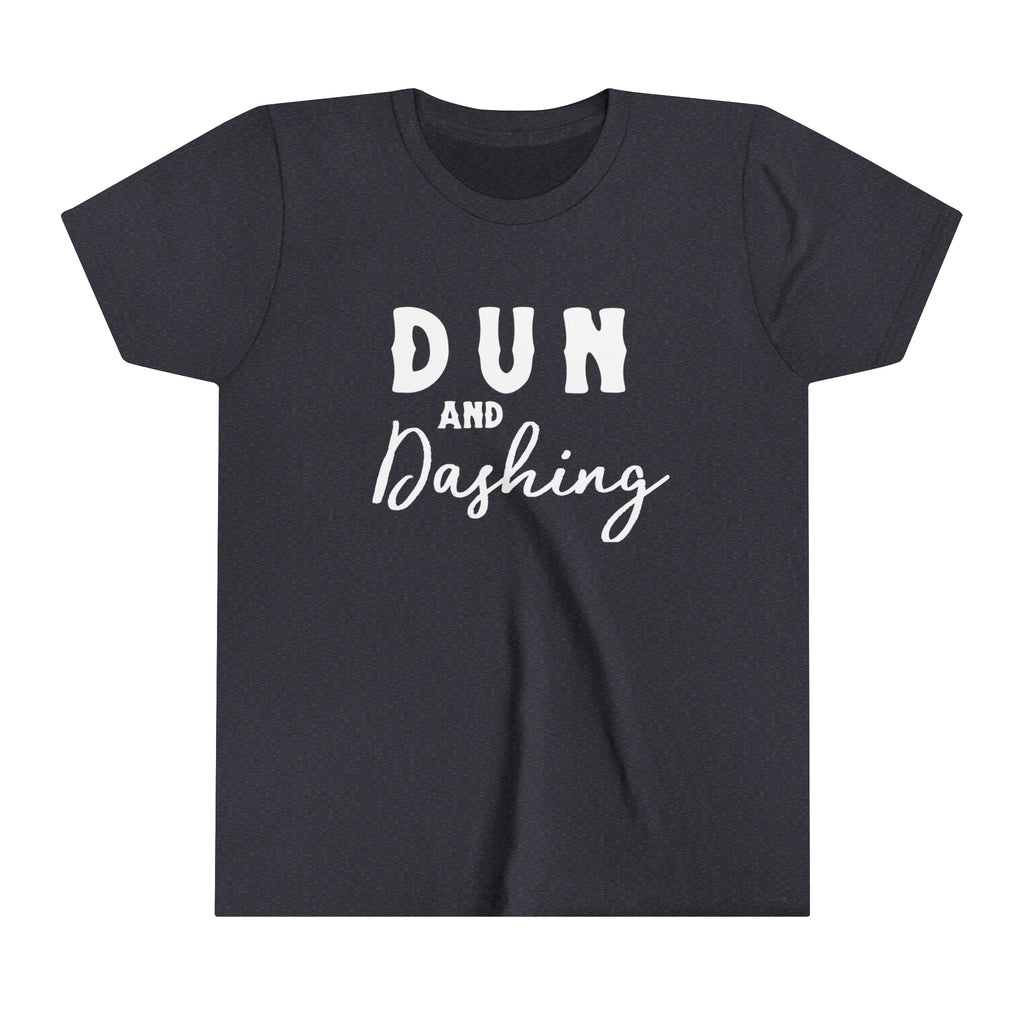 navy youth short sleeve with white lettering reading "Dun and Dashing".