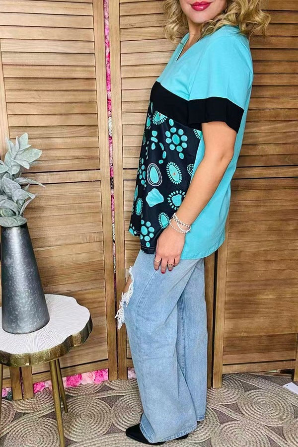 Turquoise Stone Short Sleeve Top blouse ladysworld