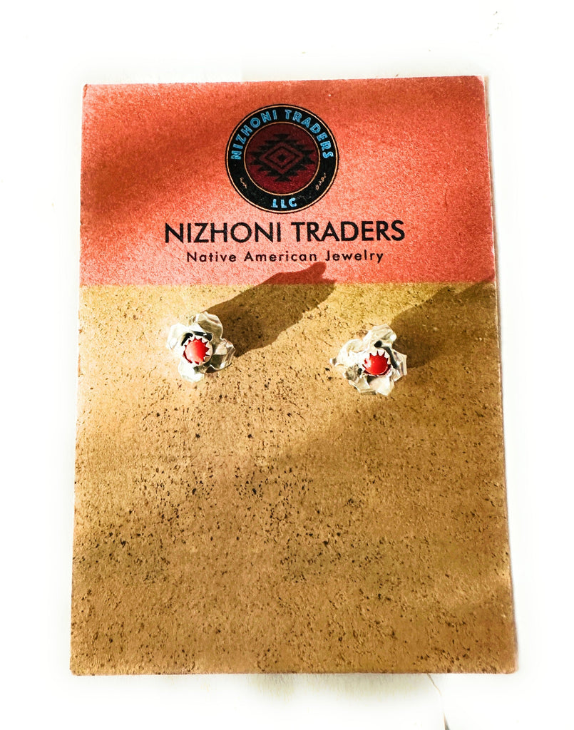 Navajo Coral and Sterling Silver Stud Earrings NT jewelry Nizhoni Traders LLC   