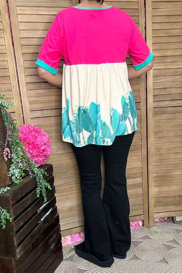 Pink & Cream Cactus Babydoll Top blouse ladysworld