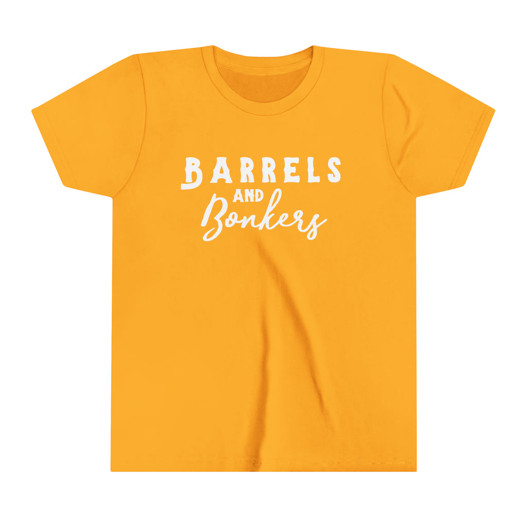 Gold youth short sleeve with white lettering reading "Barrels and Bonkers".