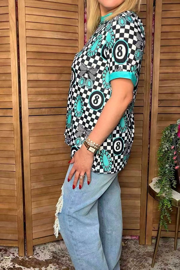 8Ball Checkered Short Sleeve Top blouse ladysworld