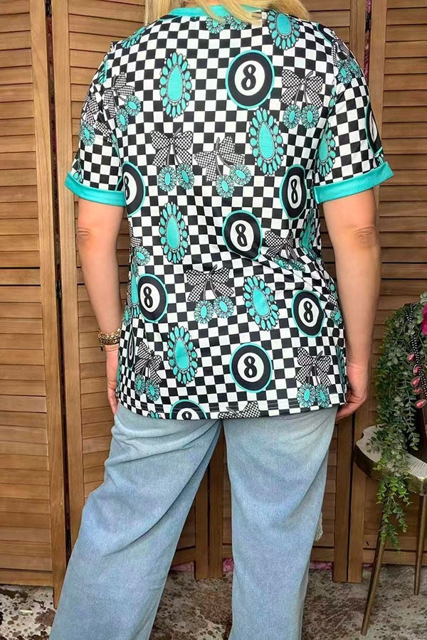 8Ball Checkered Short Sleeve Top blouse ladysworld