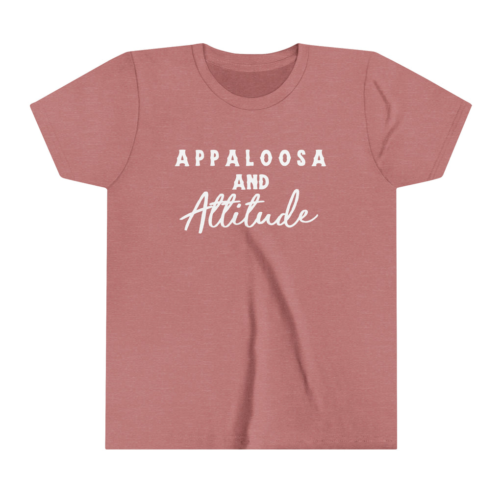 Western mauve youth short sleeve with white lettering that reads "Appaloosa & Attitude".