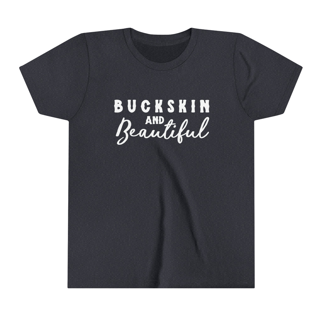 Navy youth short sleeve with white lettering reading "Buckskin and Beautiful".