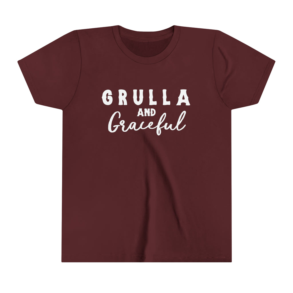 Maroon youth short sleeve white white lettering reading "Grulla and Graceful". 