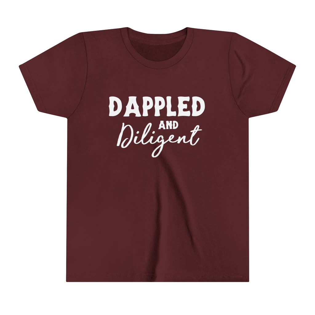 Maroon youth short sleeve with white lettering reading "Dappled and Diligent". 