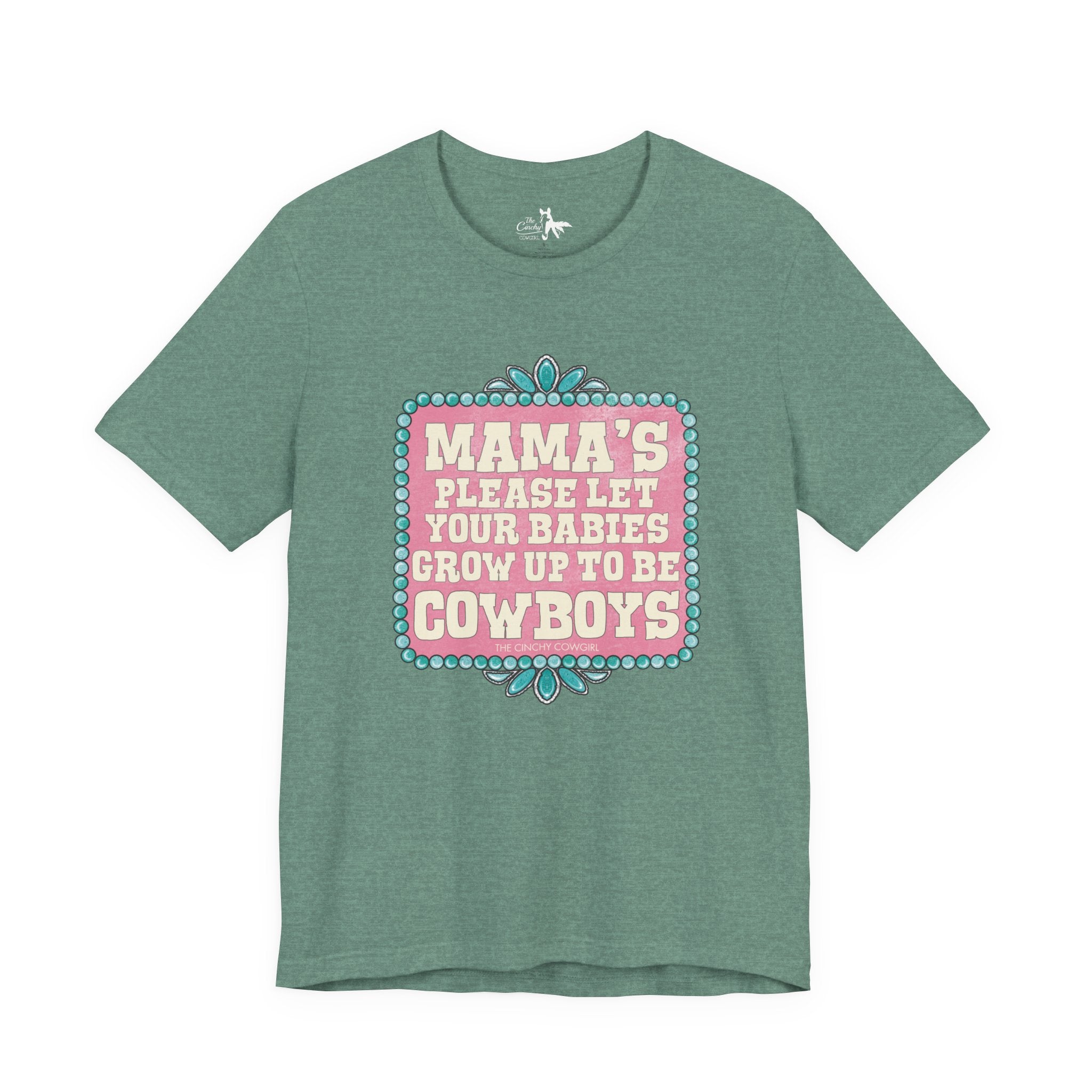 Mama's Please Let Your Babies Short Sleeve Tee Graphic Tee The Cinchy Cowgirl - Print Heather Dusty Blue XS