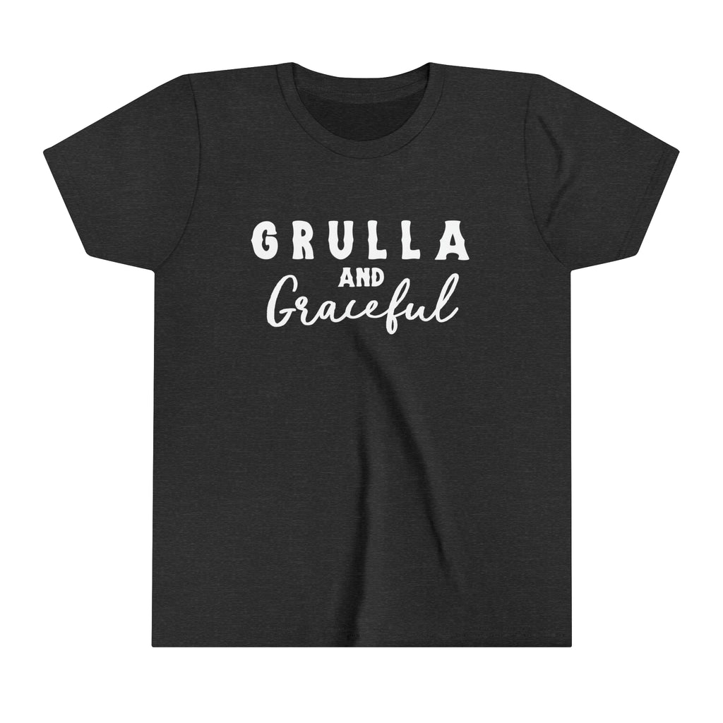 Dark grey youth short sleeve white white lettering reading "Grulla and Graceful". 