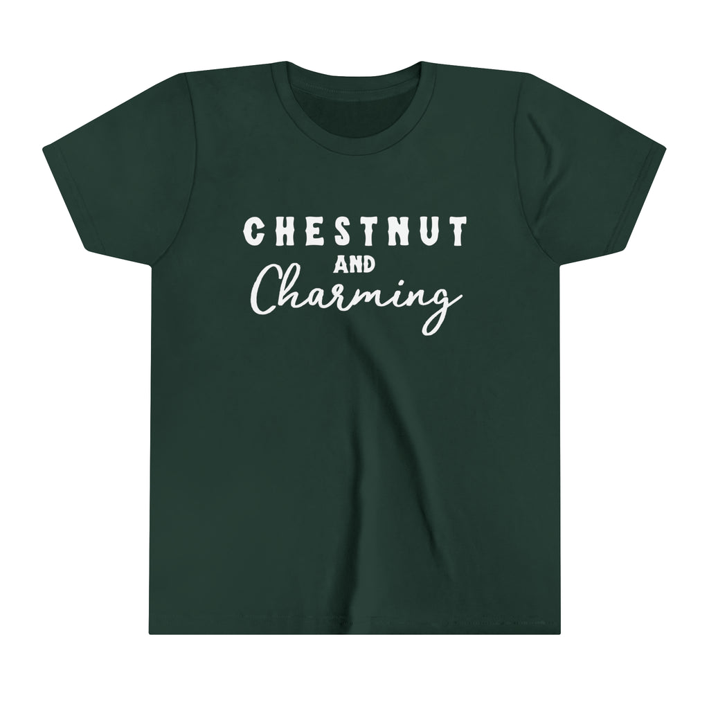 Forest youth short sleeve with white lettering reading "Chestnut and Charming". 