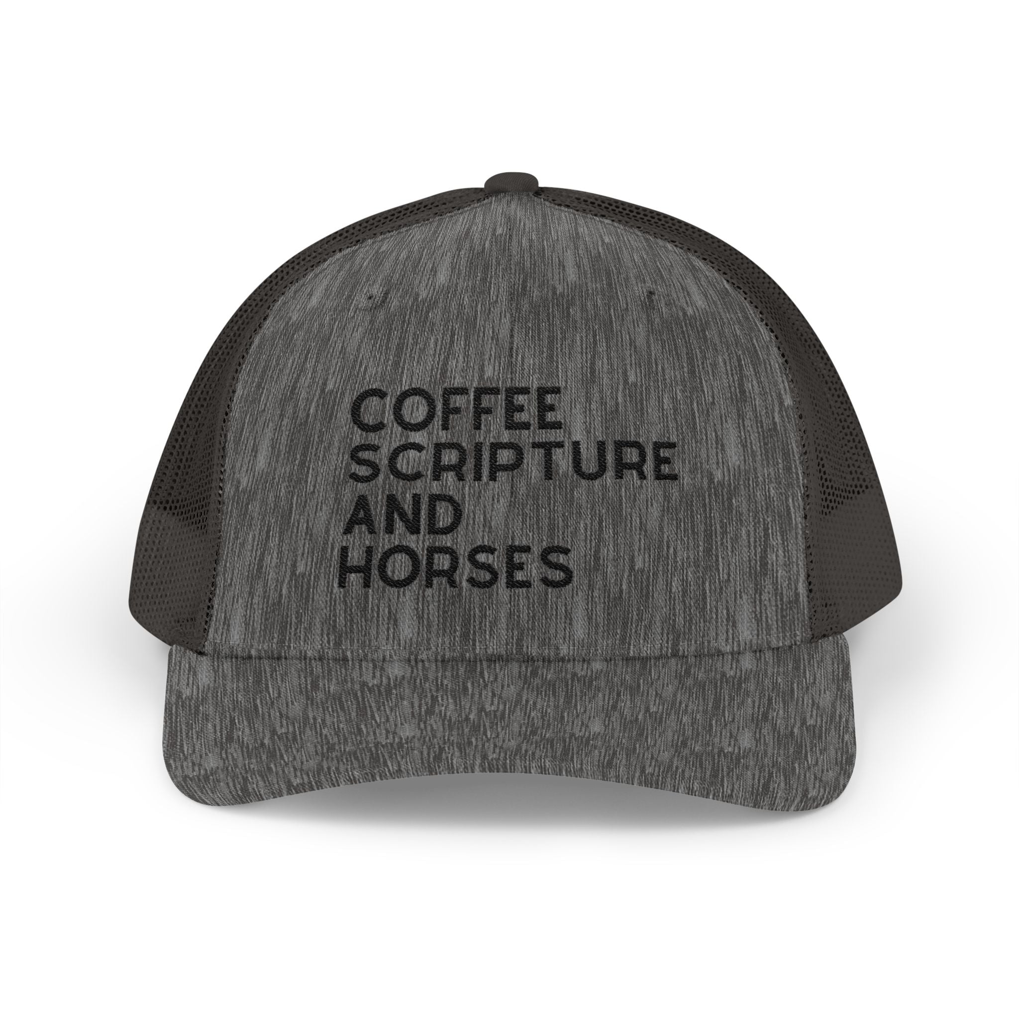 Embroidered Coffee Scripture and Horses Trucker Hat [23 Colors] Embroidered TCC Hat The Cinchy Cowgirl - Print Dark Heather Grey