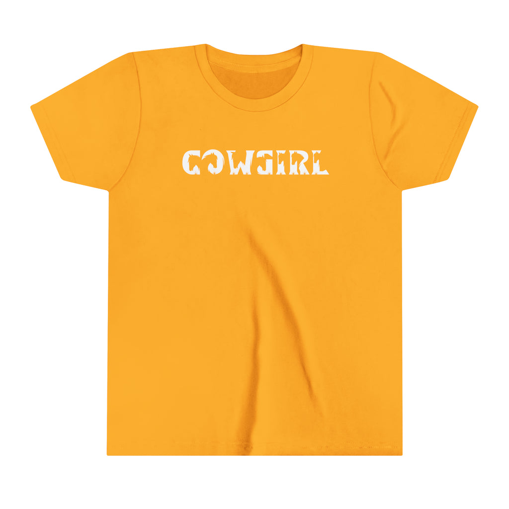 Gold youth short sleeve with black lettering reading "Cowgirl" with horse head cut outs in the lettering.