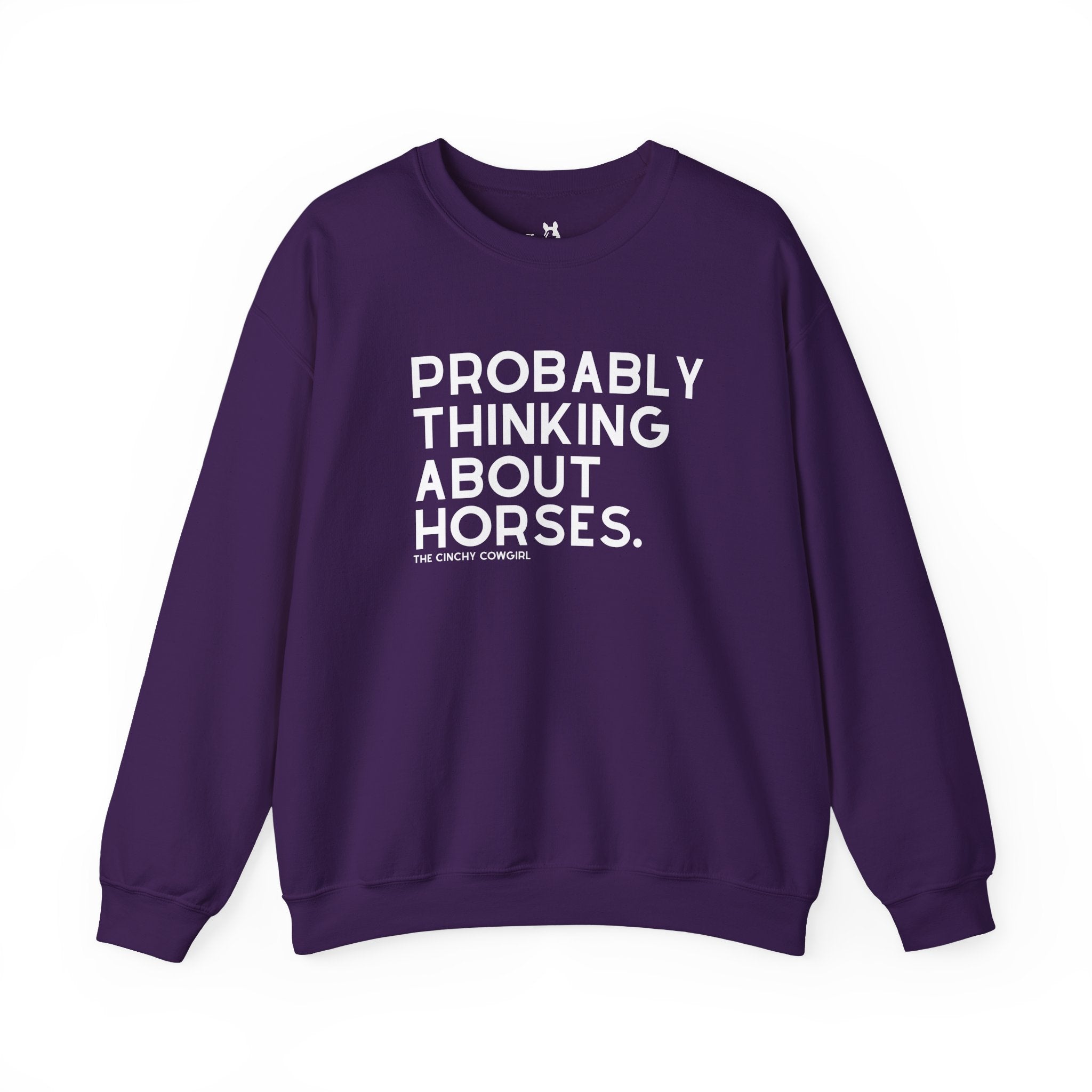Probably Thinking About Horses Fleece Pullover Sweatshirt The Cinchy Cowgirl - Print S Purple