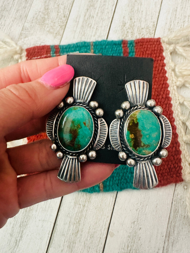 Navajo Royston Turquoise & Sterling Silver Post Earrings NT jewelry Nizhoni Traders LLC   