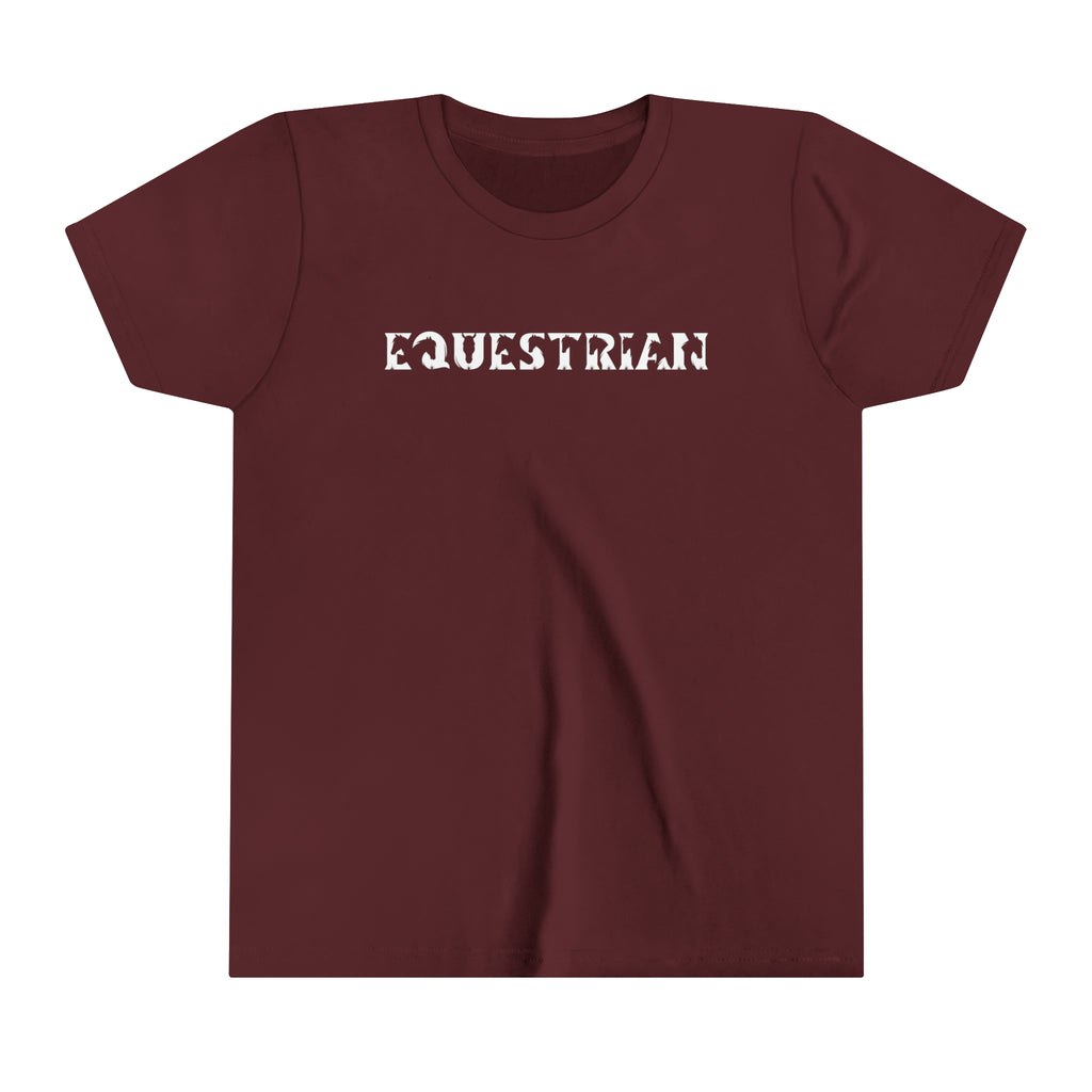 Maroon youth short sleeve with white lettering reading "Equestrian" with horse cutouts in the lettering.