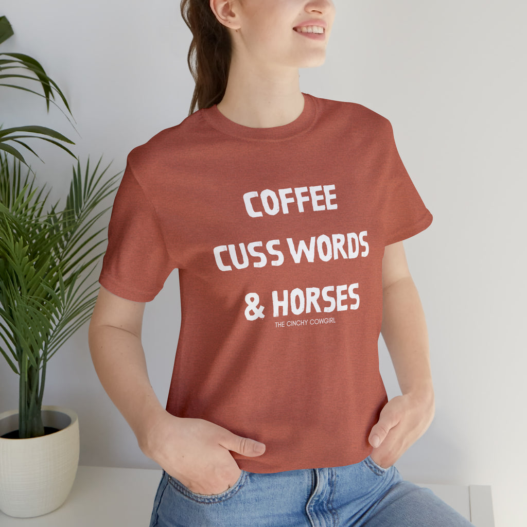 Coffee, Cuss Words, & Horses Short Sleeve Tee tcc graphic tee Printify Heather Clay XS 