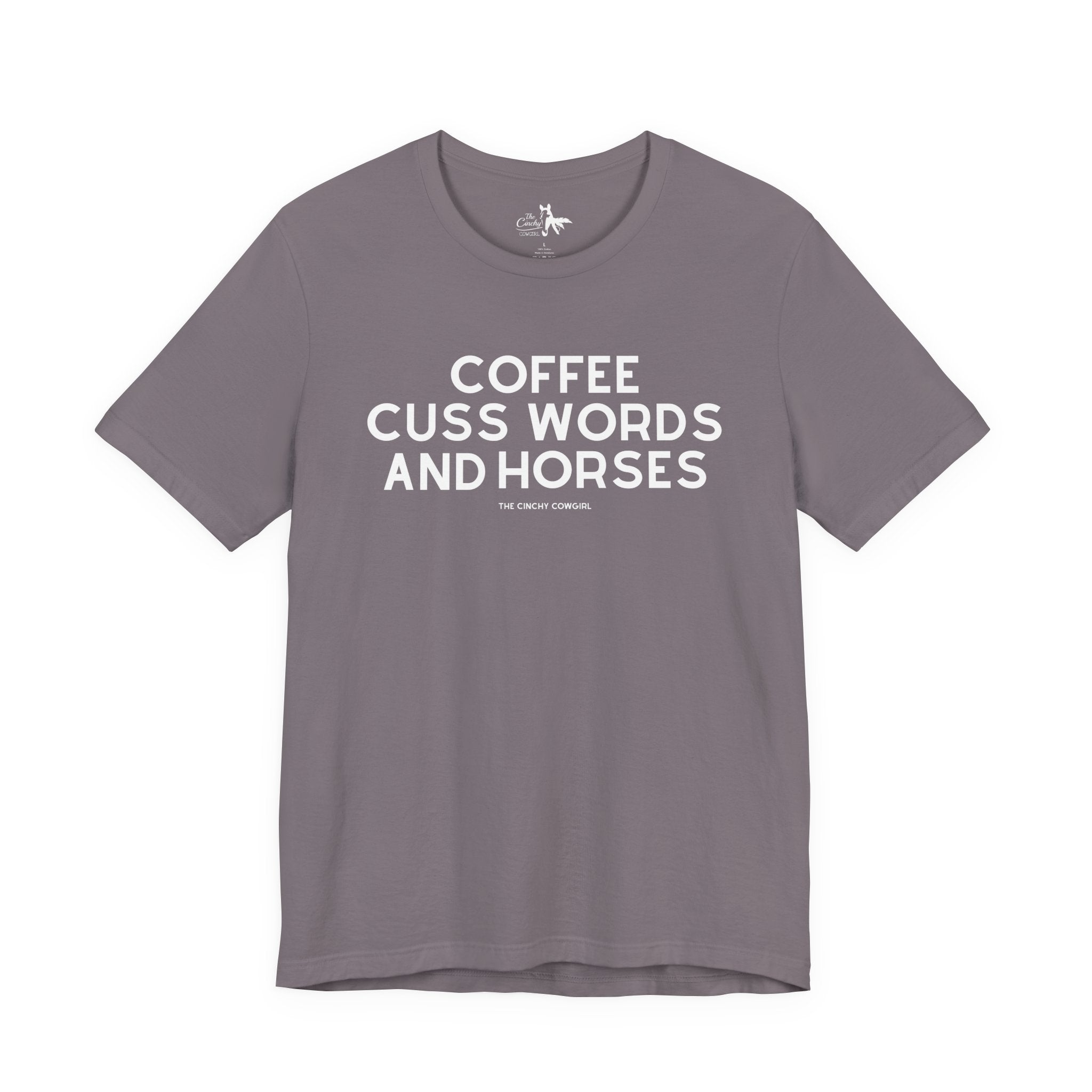 Coffee, Cuss Words And Horses Short Sleeve Tee T-Shirt The Cinchy Cowgirl - Print Storm XS