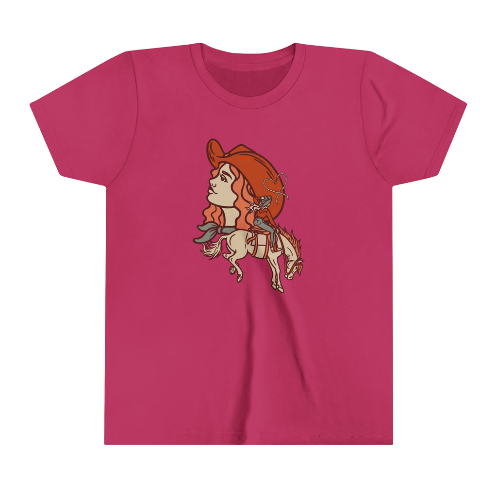 Berry youth short sleeve with a cowgirl printed design and bronc horse with a cowgirl showing a cowgirl's personality. 