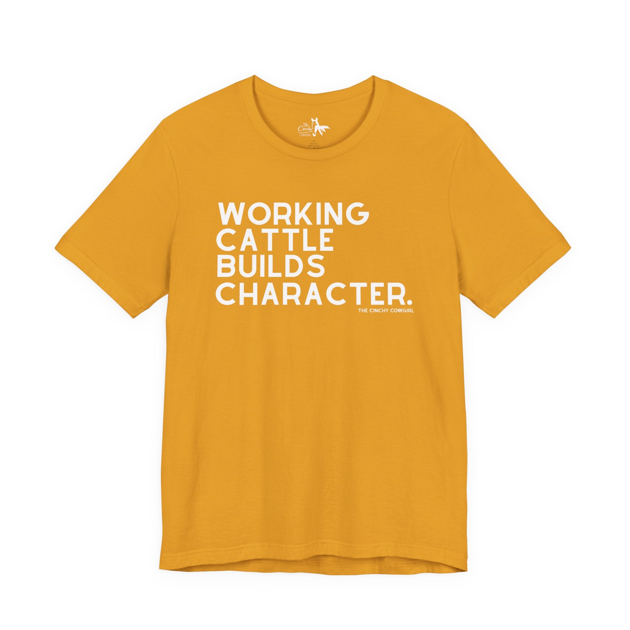 Working Cattle Builds Character Short Sleeve Tee T-Shirt The Cinchy Cowgirl - Print Mustard XS