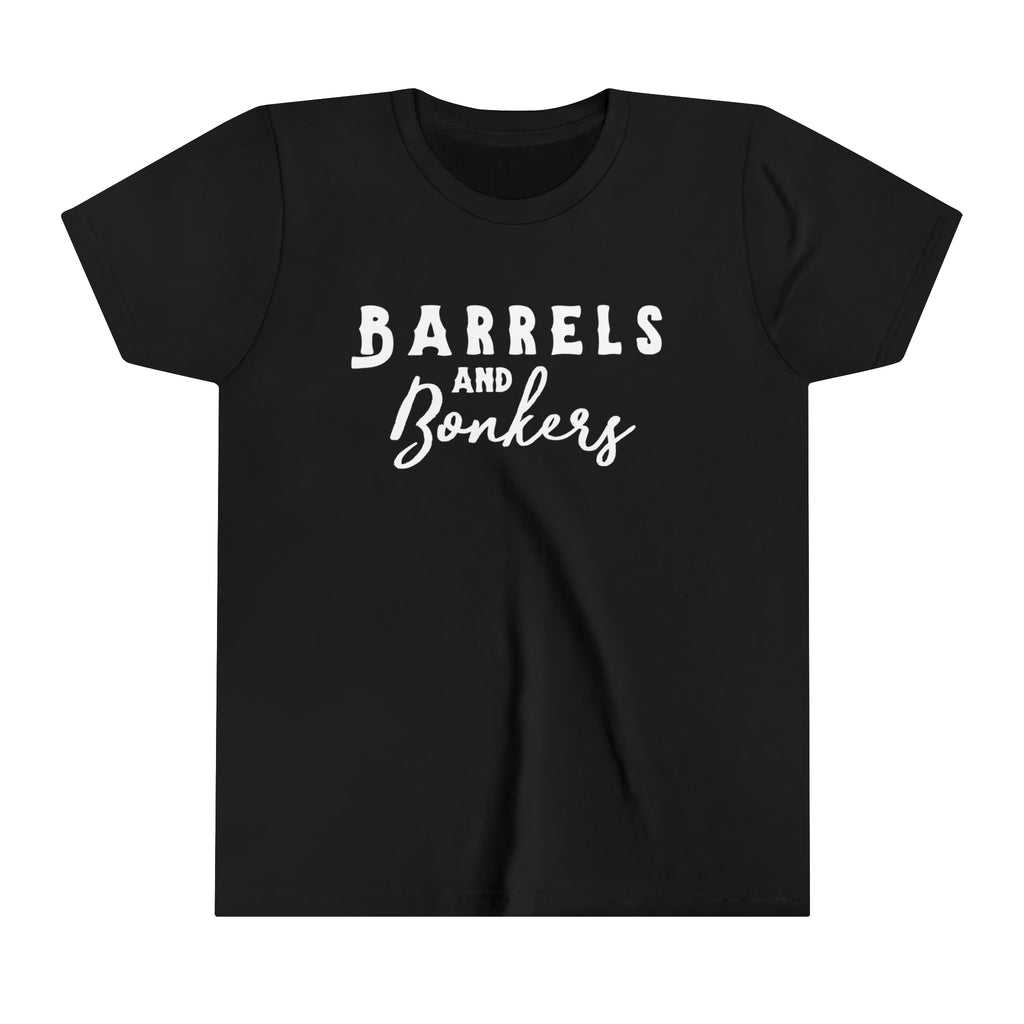 Black youth short sleeve with white lettering reading "Barrels and Bonkers".