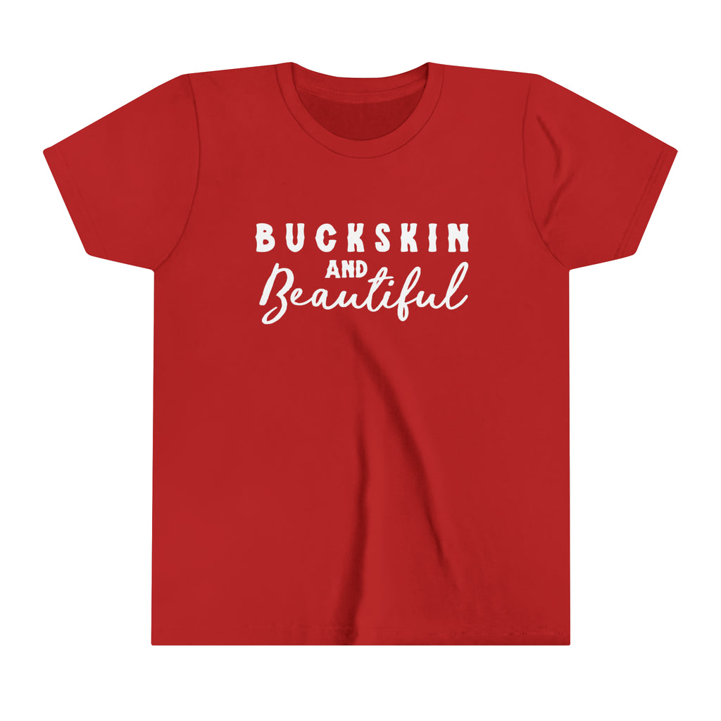 Red youth short sleeve with white lettering reading "Buckskin and Beautiful".