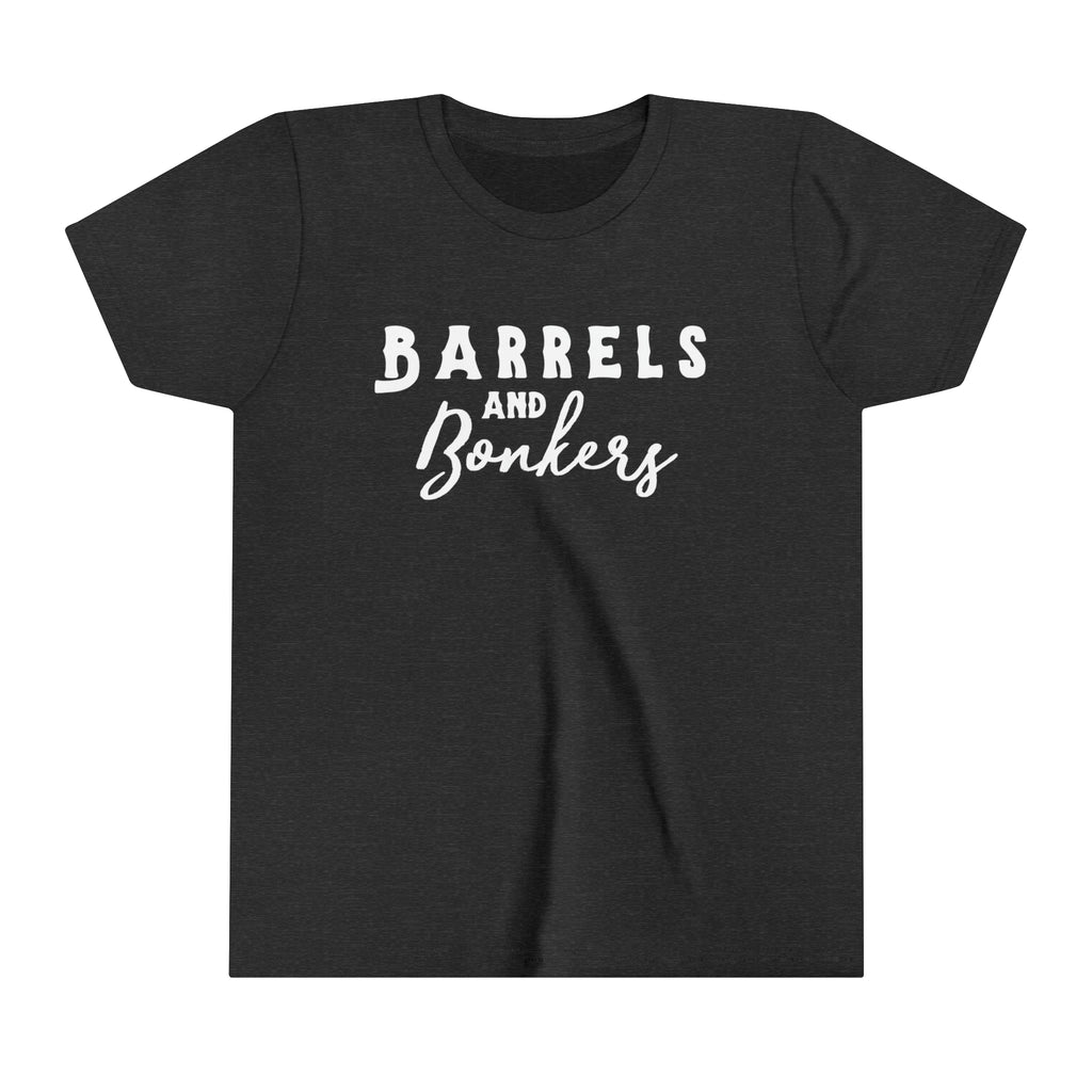 Dark grey youth short sleeve with white lettering reading "Barrels and Bonkers".