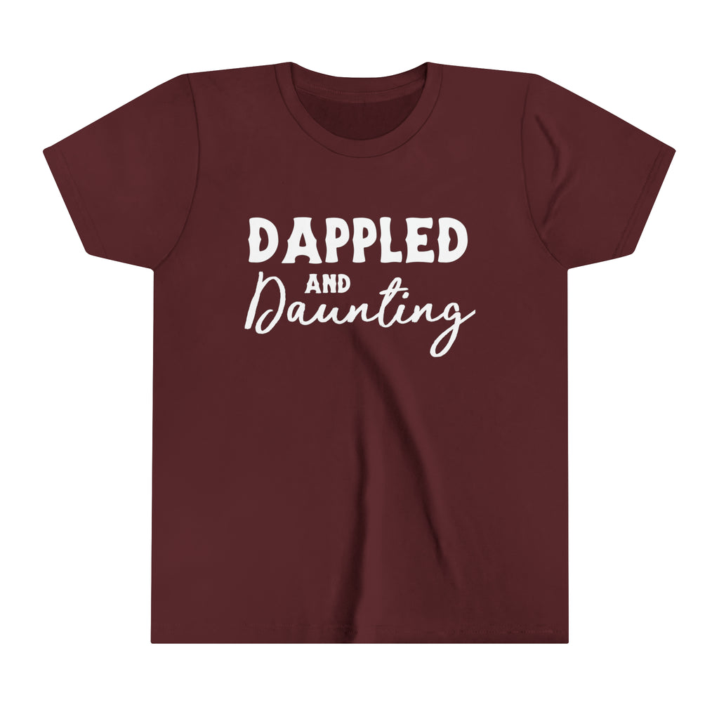 maroon youth short sleeve with white lettering reading "Dappled and Daunting". 