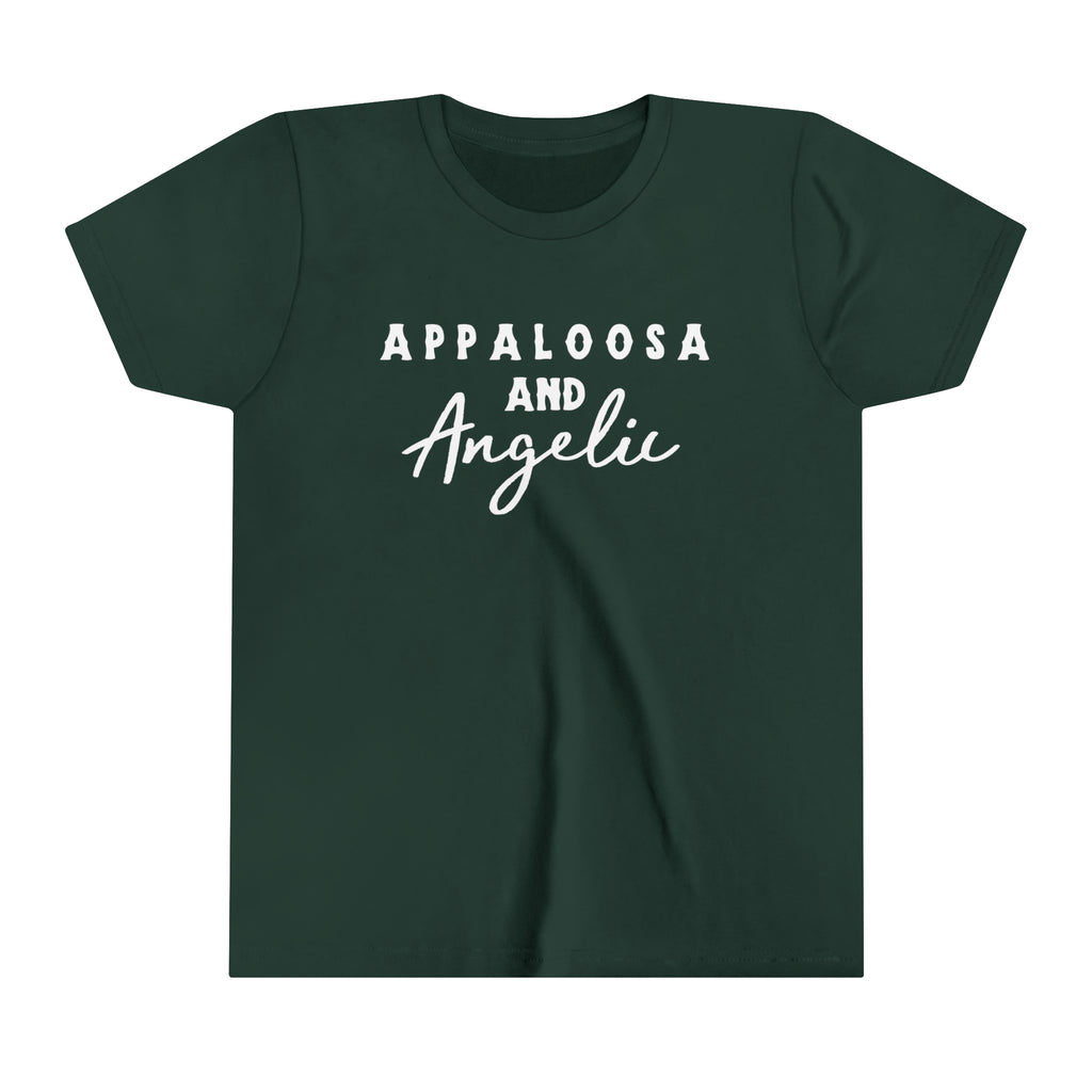 Western forest youth short sleeve with white lettering that reads "Appaloosa & Angelic".