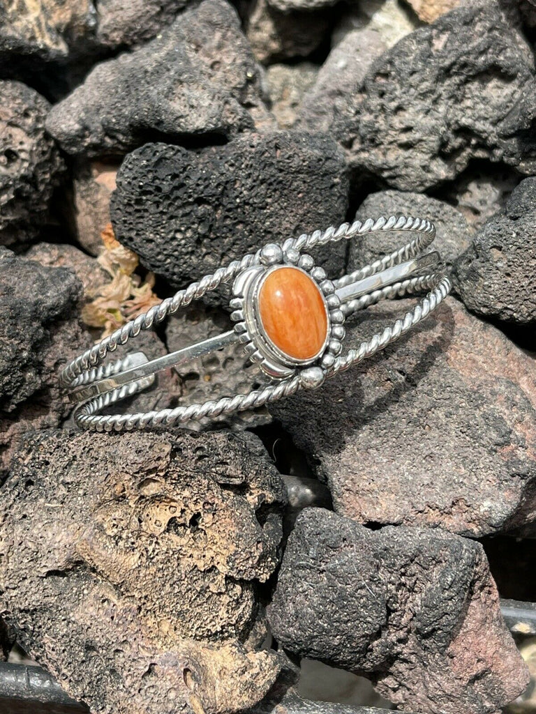 Navajo Orange Spiny Sterling Silver  Cuff Bracelet Signed NT jewelry Nizhoni Traders LLC   