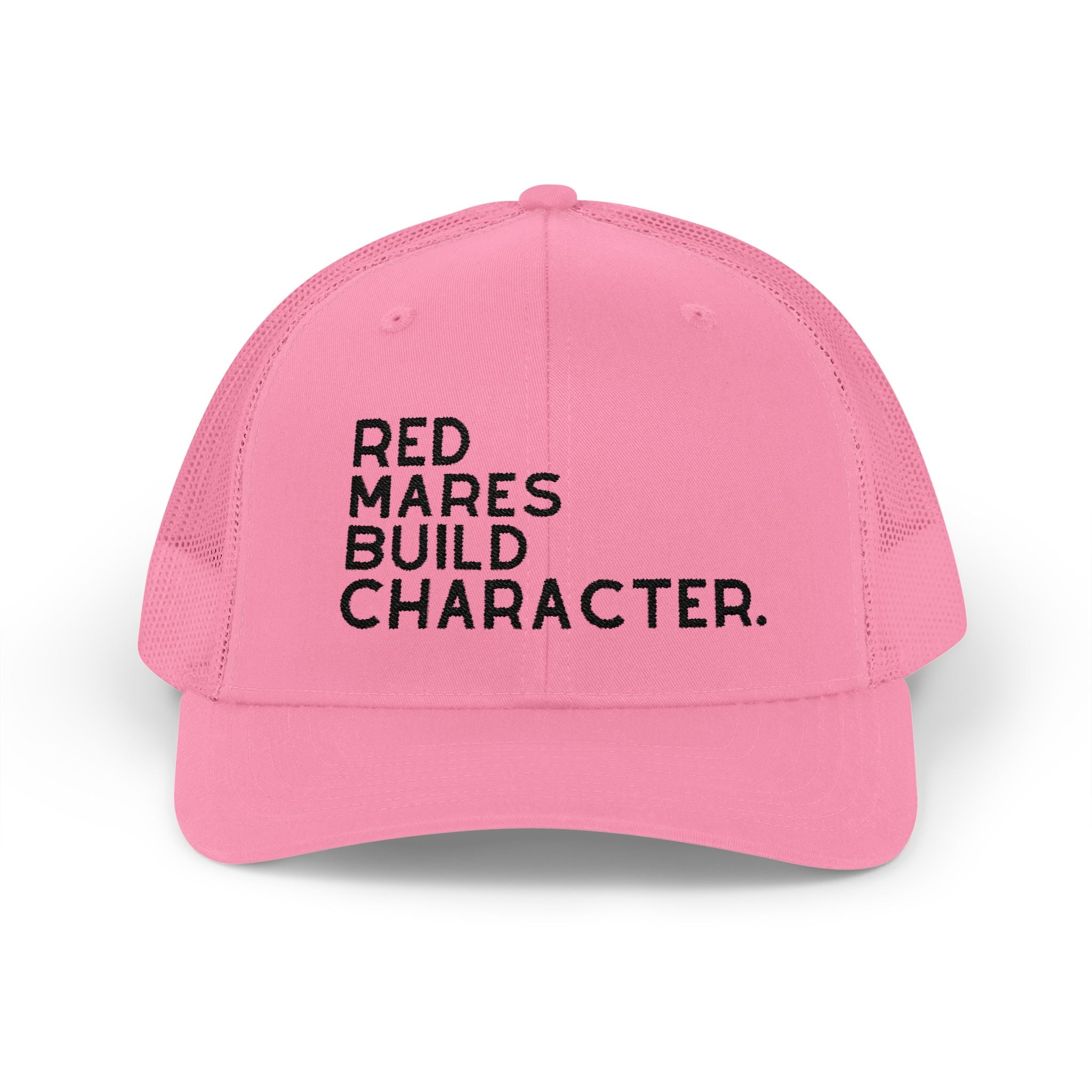 Red Mares Build Character Trucker Hat Embroidered TCC Hat The Cinchy Cowgirl - Print Pink
