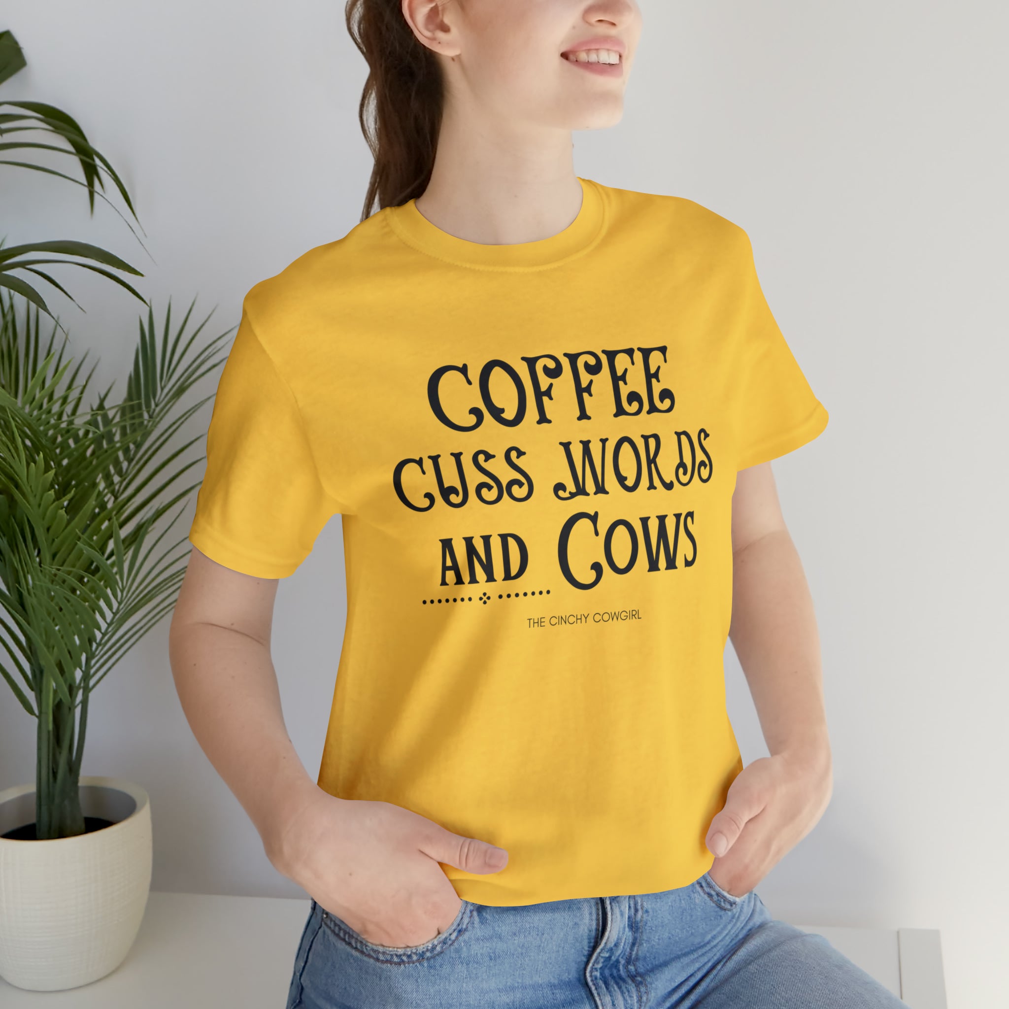 Coffee Cuss Words & Cows Short Sleeve Graphic Tee T-Shirt The Cinchy Cowgirl - Print Yellow S