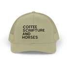 Embroidered Coffee Scripture and Horses Trucker Hat [23 Colors] Embroidered TCC Hat The Cinchy Cowgirl - Print Khaki