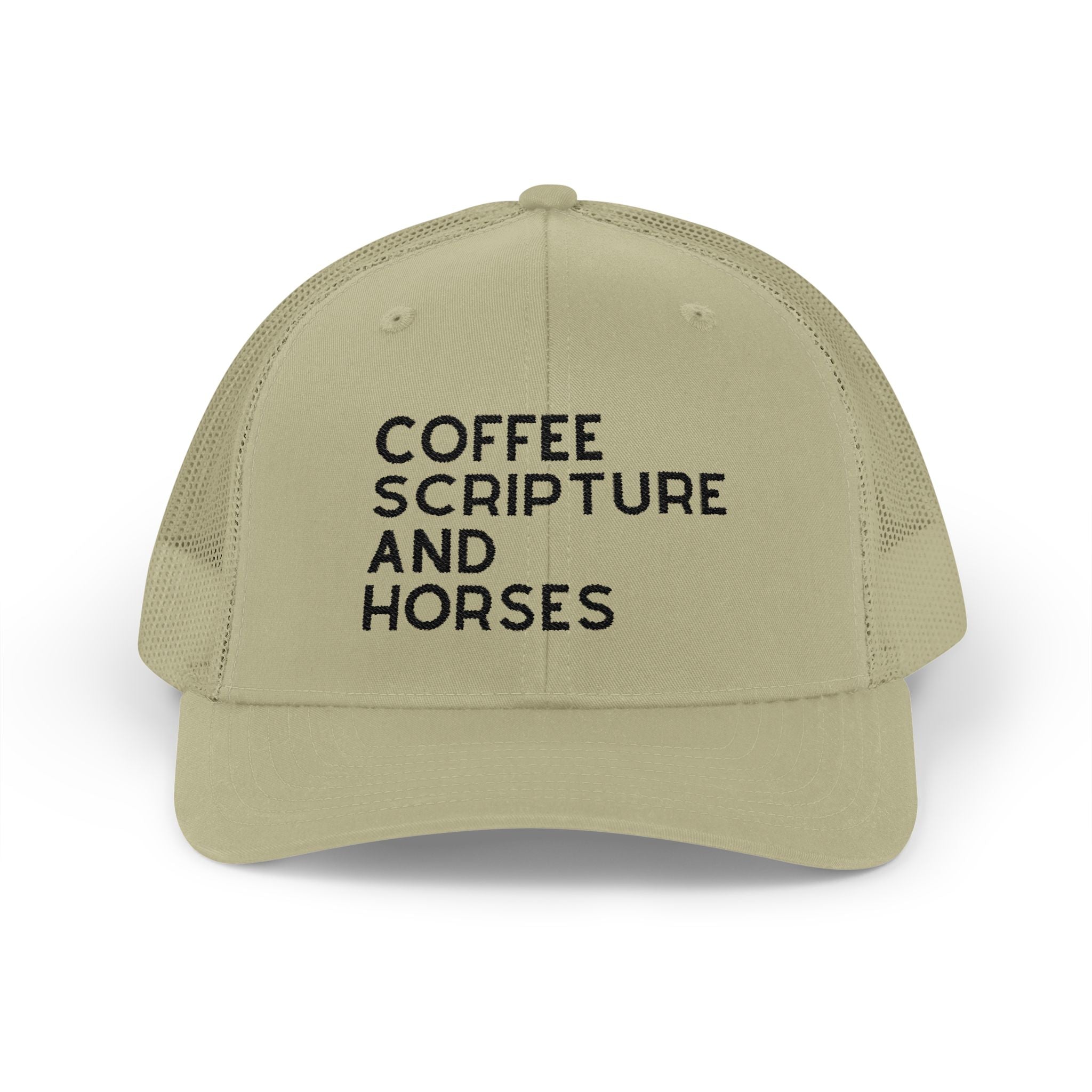 Embroidered Coffee Scripture and Horses Trucker Hat [23 Colors] Embroidered TCC Hat The Cinchy Cowgirl - Print Khaki